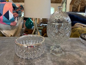 Glass or Crystal Bowl with Silver Rim & Egg-Shaped Pedestal Dish with Lid