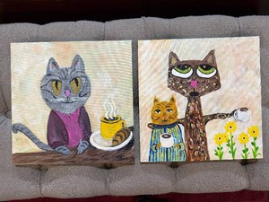 Set of (2) Original Acrylic Whimsical Cat Paintings on Canvas