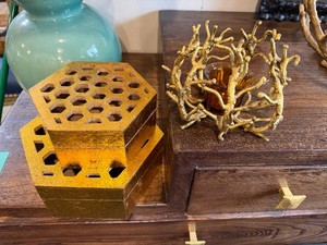 (2) Small, Gold-Colored Decorative Boxes and Gold-Colored Candle Holder
