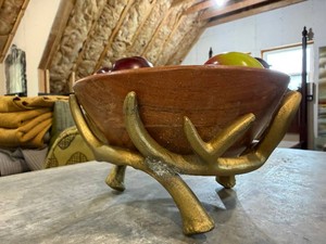 Wooden Fruit Bowl with Carved Wooden Apples