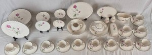 Scio Pottery Dorset China Set with Pink Roses and Platinum Edge - 12 Place Setting
