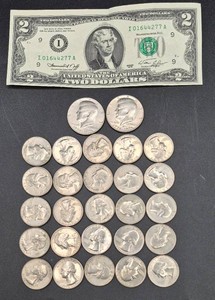 United States Bicentennial Coin Lot 3 - 25 Bicentennial Quarters, 2 Kennedy Bicentennial Half Dollars and Series 1976 $2 Bill