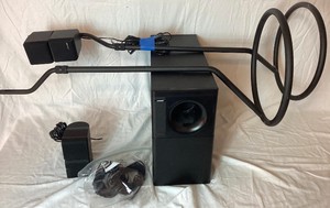 Set of Bose Redline Double Cube Surround Sound Swivel Speakers - Wiren on Black Metal Floor Stands with Bose Sub-Woofer
