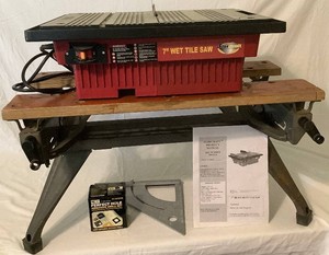 Florcraft 7 Heavy Duty Wet Tile Saw Model 709-3915, Portable Work Bench, Perfect Hole Abrasive Drill Bit and Stanley Plumb Cut Square