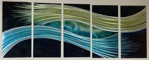 NEW Metal Art 5 Panel Handcrafted Aluminum 3D Artwork - Black, Yellow and Teal