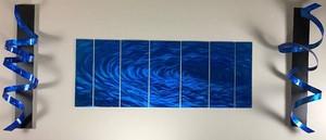 Jon Allen Vibrant Blue Metal Multi- Panel Aluminum Artpiece plus 2 Blue Knight Aluminum Ribbon Panels