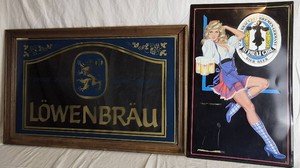 Vintage Lowenbrau Dark Special Bar Mirror and 1992 St Pauli Girl Tin Embossed Beer Sign