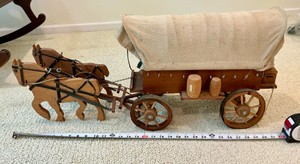 Vintage wooden covered wagon with canvas top, harness and 2 horses toy