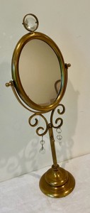 Vintage Brass tabletop mirror, ornate scrollwork and decorative crystal dangles