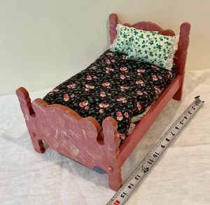 Wood doll bed with blanket and pillow