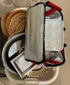 Group of various entertaining picnic plastic platters cooler material