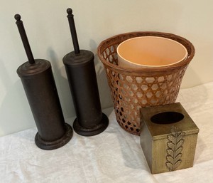Group of bathroom essentials wicker waist basket toiler brush&nbsp