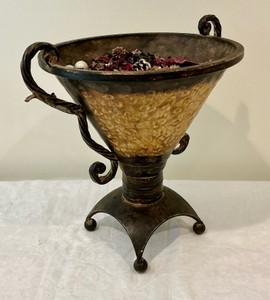 Metal urn planter, ornate scroll handles, textured gold and black painted finish