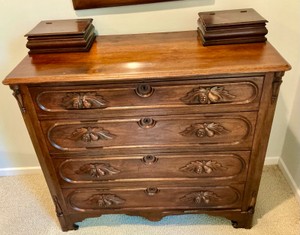 Victorian classic American wood dresser Handkerchief Drawers and distinct hand carved pulls