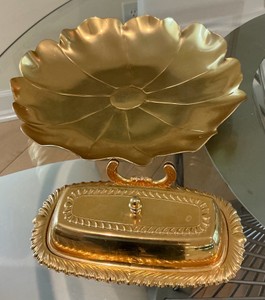 Group of gold toned, butter dishes, platterplate
