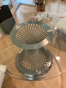 Armen living Calypso glass dining table, woven brushed stainless steel wire base