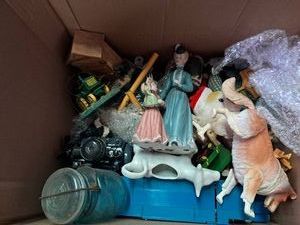 Box of Ceramic Items, Lamp & Avon Ornaments