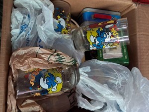 2 Boxes of Glassware  John Deere & Smurfs