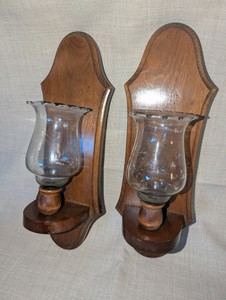 Vintage wooden wall sconces, floral glass (2)