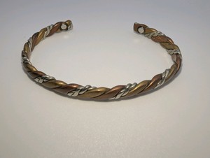 Sergio Lub tri-color cuff bracelet,twisted braided design-copper, jewelers brass, and German silver, Size 7.5