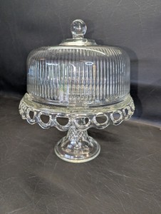 Vintage McKee Plymouth clear glass cake stand from the 1950s with lid