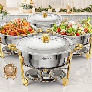 $140 Chafing Dishes for Buffet 4 Pack, 6QT Round Chafing Dishes for Buffet Elegant Gold and Silver Colors Stainless Steel Chafing Dish Buffet Set for Any Party