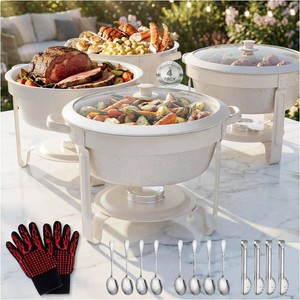 $170 6QT Round Chafing Dishes for Buffet 4 Pack White Chafers and Buffet Warmers Sets, Maifanite-Coated Food Warmer with 4 Tongs 4 Spoons 4 Slotted Spoons 2 Gloves, for Parties, Wedding, Events, Catering