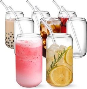 NETANY 8pcs Set Drinking Glasses with Glass Straw - 16oz Glass Cups, Beer Glasses, Iced Coffee Glasses, Cute Tumbler Cup, Ideal for Whiskey, Soda, Tea, Water, Gift - 2 Cleaning Brushes