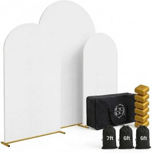 Metal Arch Backdrop Stand and Cover Set   3 Gold Frames (7.2ft, 6ft x2) with White Wrinkle-Free Spandex Covers, Water Weights, Bags & Case   Wedding, Birthday, Baby Shower, Party Decor