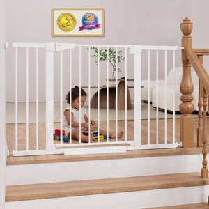 Cumbor 29.7 51.5 Extra Wide Baby Gate for Stairs, Pressure-Mounted Dog Gates for Doorways & Hallways, Auto-Close Walk-Through, No-Trip Design, Child Proof Safety, DogPet Gate for Indoor Use, White