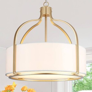 $210 20.5 Gold Drum Chandelier Light Fixture, 5-Light Large Modern Farmhouse Chandeliers for Dining Room Gold Drum Hanging Pendant Light with White Fabric Shade for Kitchen Living Room Foyer Bedroom