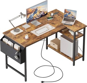Mericonia Small L Shaped Computer Desk with Power Outlets, Reversible Gaming Desk with Storage Shelves, Corner Gamer Desk Table, Study Writing Table