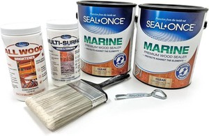 Seal-Once Marine Clear Wood Sealer Kit 2 Gallons of Clear Wood Sealer, 1lb Multi-Surface Cleaner Concentrate, 1lb Brightener, Paint Brush, Lid Opener- Eco-Friendly Protection and Restoration