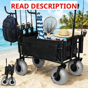 $180 Fishing Cart Beach Wagon for Sand, 9 All-Terrain Wheels, Heavy Duty Foldable Beach Cart,Collapsible Wagon with Rod Holders & Side Pockets, Large Capacity Cargo for Fishing, Camping, Outdoor