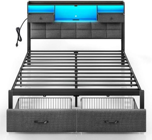 $155 Rolanstar Bed Frame Full Size with Drawers and Charging Station, Upholstered Platform Bed with Storage Headboard and LED Light, Heavy Duty Metal Frame Support, No Box Spring Needed, Noise Free, Grey