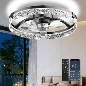 JHSYCH 19 Low Profile Ceiling Fan with Light and Remote, Dimmable LED Flush Mount Ceiling Fan, 6 Speeds, White Modern Design for BedroomLiving Room  Black-Crystal