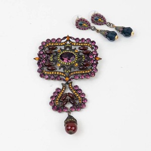 Vintage Ornate Purple Rhinestone Brooch & Earrings Set
