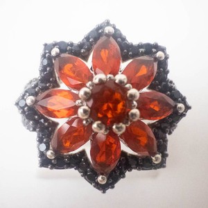 STUNNING Sterling Silver Fire Opal &amp Black Spinel &amp White Topaz Flower Statement Ring