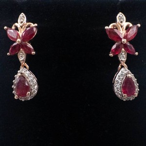 STS 925 Rose Created Ruby & Diamond Drop Vermeil Earrings
