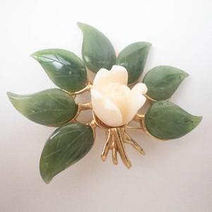 Swoboda Green Jade & Coral Rose Brooch