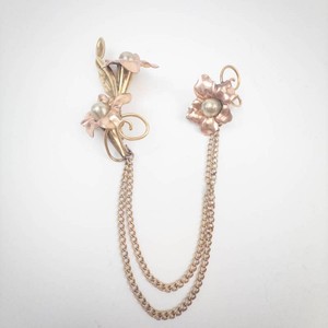 Vintage Bal Ron 12K Gold Filled Floral Double Chain Brooch Set