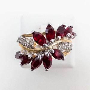 Gold-Tone Red and Clear Stone Floral Ring