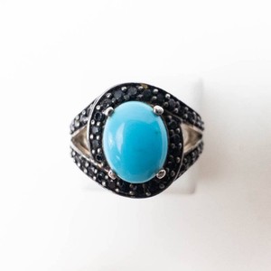 Black Spinel & Turquoise Sterling Silver Ring Size 7.75