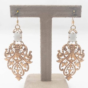 Vintage Gold-Tone Filigree Drop Earrings With White Bead Accents