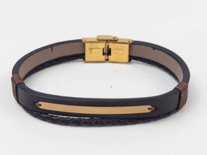 Black Braided Leather Bracelet With Gold-Tone Plate and Clasp