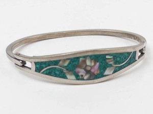 Vintage Sterling Silver Turquoise & Mother-of-Pearl Hinged Cuff Bracelet