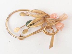Vintage Floral Brooch With Carved Coral & Jade Accents