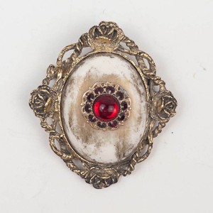 Vintage Ornate Gold-Tone Floral Brooch With Red Cabochon