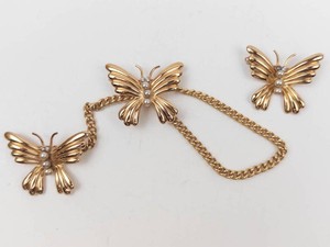 Gold-Tone Butterfly Sweater Brooches With Chain and Extra Pin (Lot of 3)