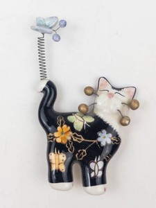 Enamel Cat Brooch With Floral Motif and Spring Antenna